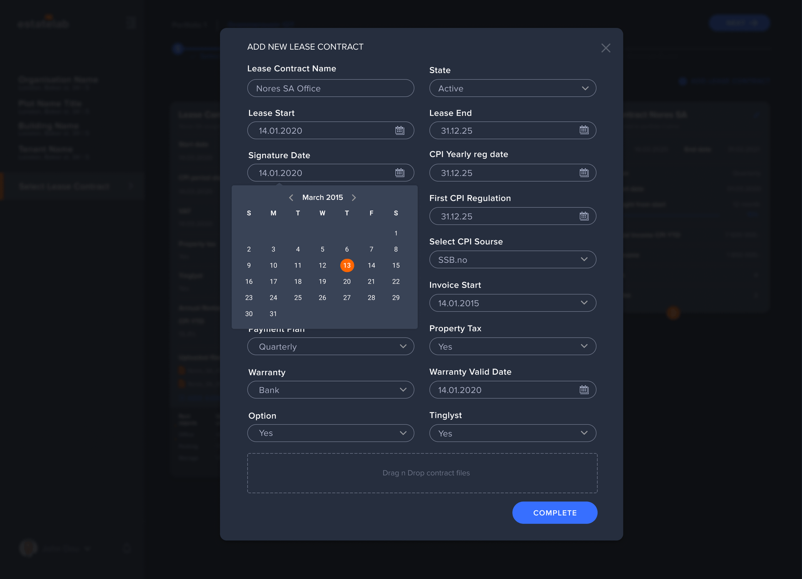 Add new lease contract with an inline calendar
