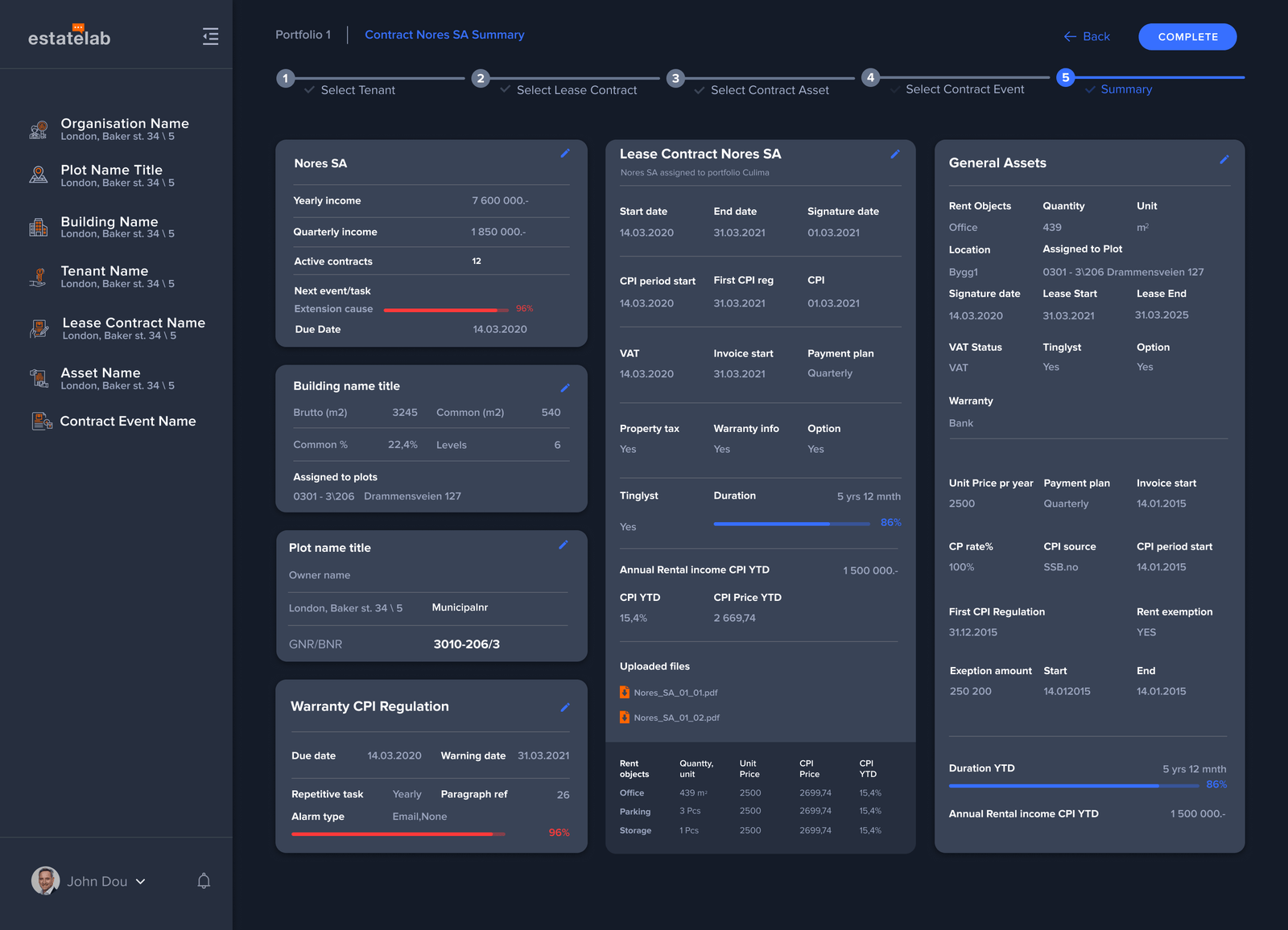 Contract summary with every object in an editable card