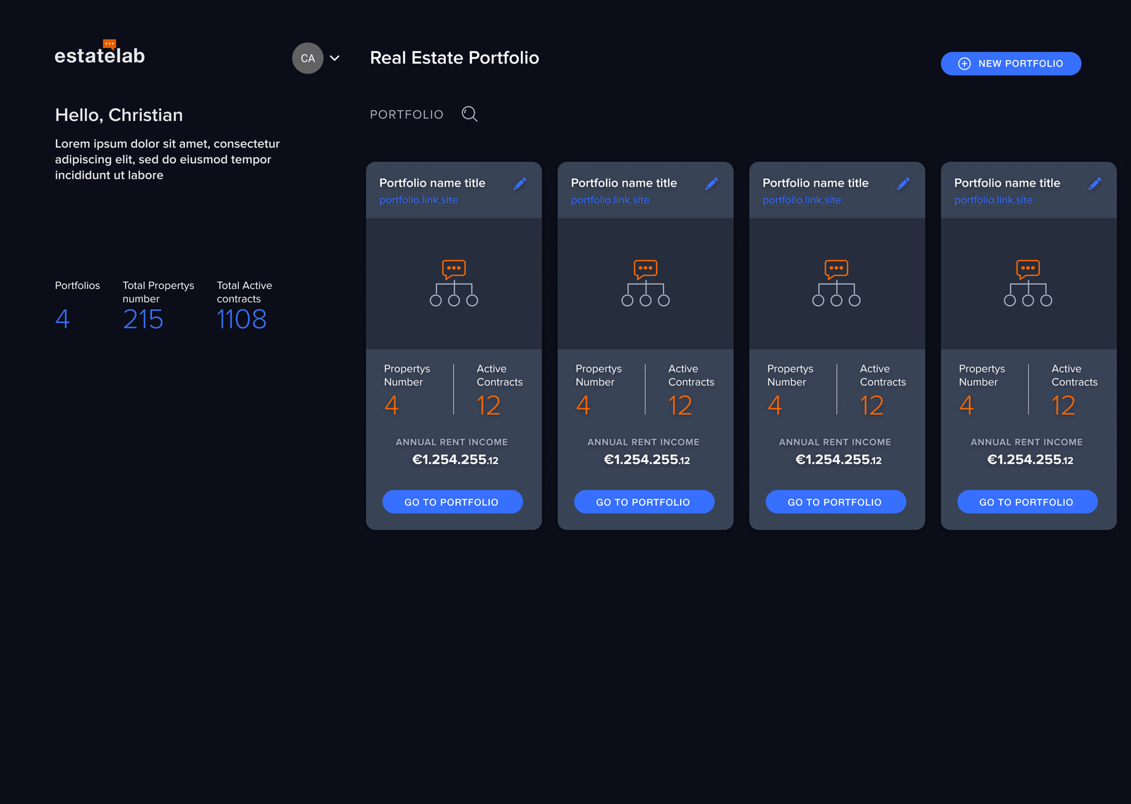 Portfolio list with the option to create a new property