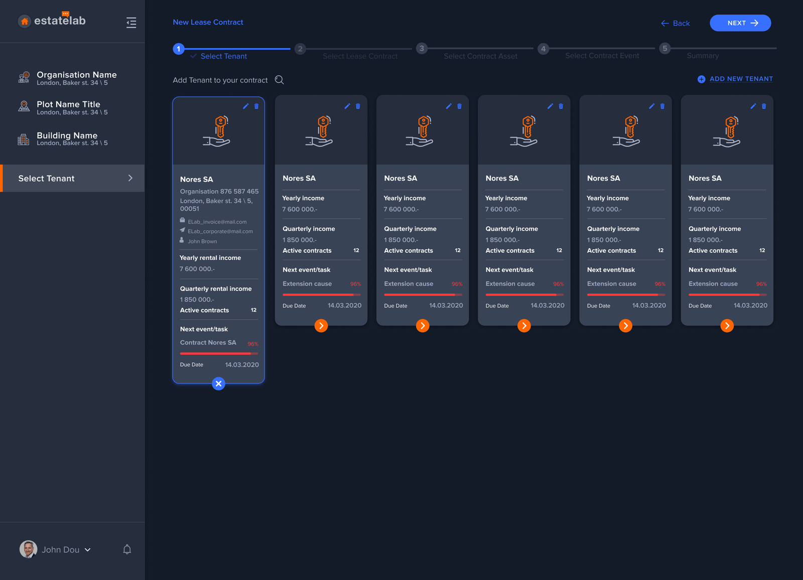 Step one of the contract wizard: select tenant