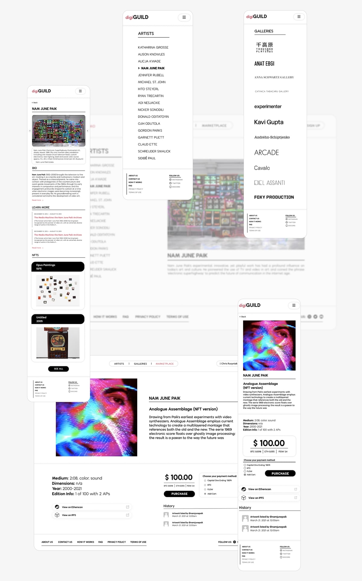 The artist page and the NFT page, each in desktop and phone widths