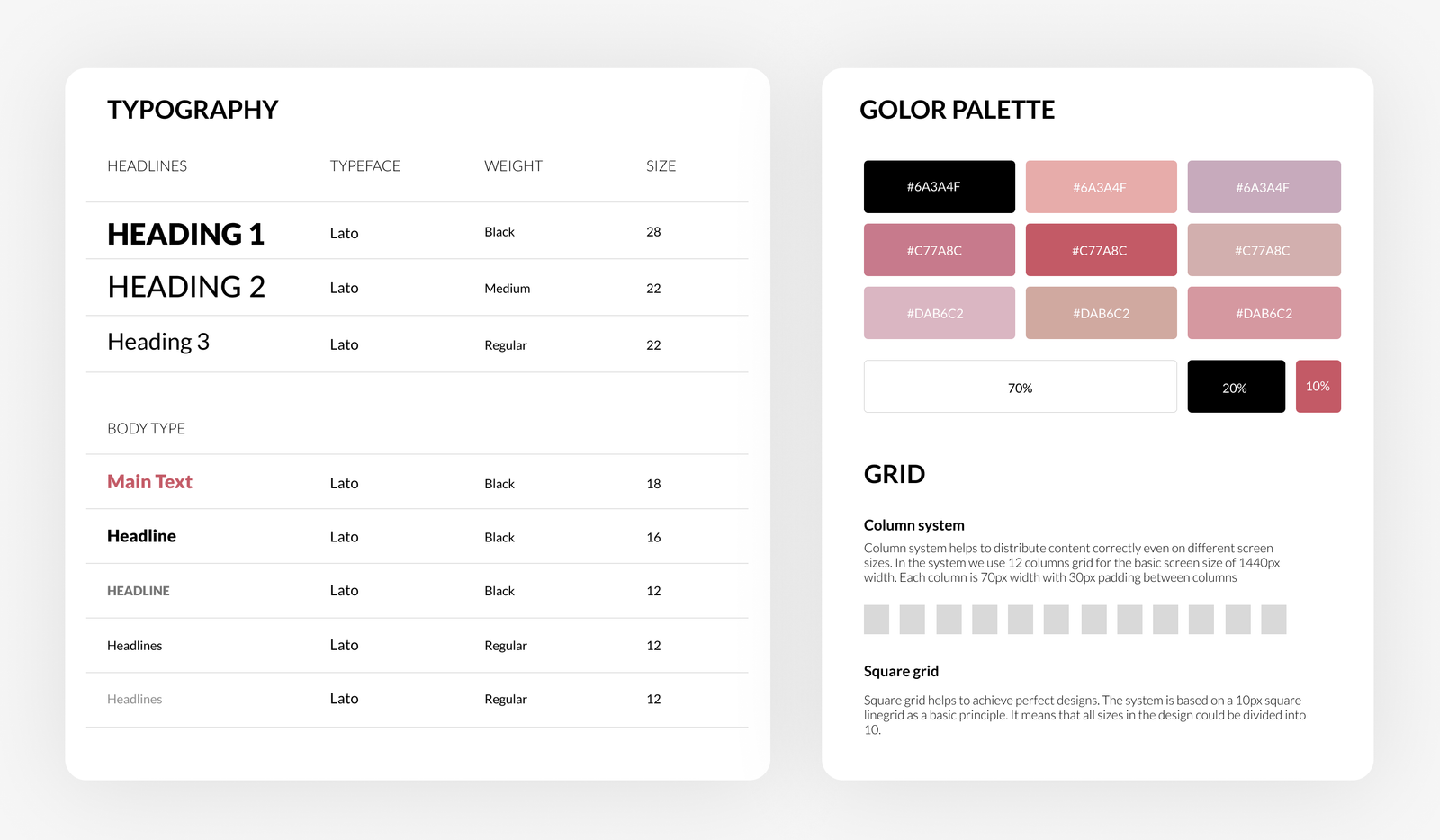 Type scale, the three-tint palette with its 70 / 20 / 10 split, and the column and square grids