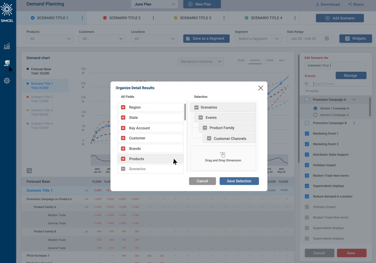 Filter bar with Save as a Segment, over the dialog that orders result dimensions
